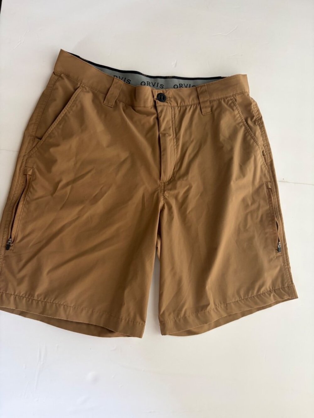 Orvis Mens Khaki Quick-Dry Shorts Size 32 With Zip Pockets Outdoor Wear
